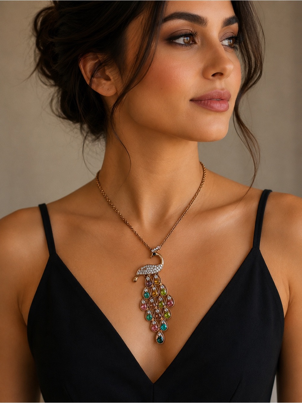 Gold-Tone Multicolor Peacock Teardrop Pendant Necklace